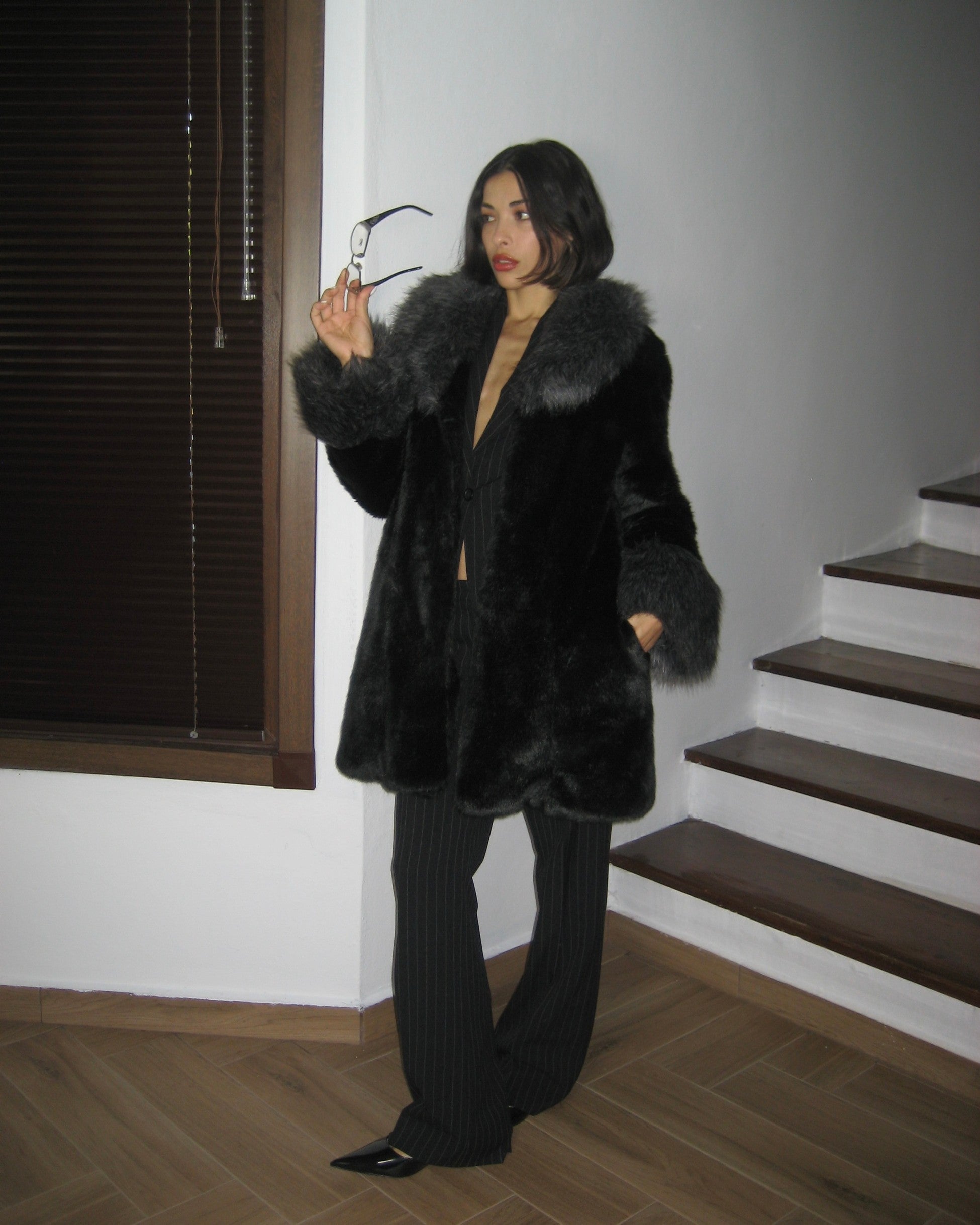 Black Plush Fur with Gray Collar