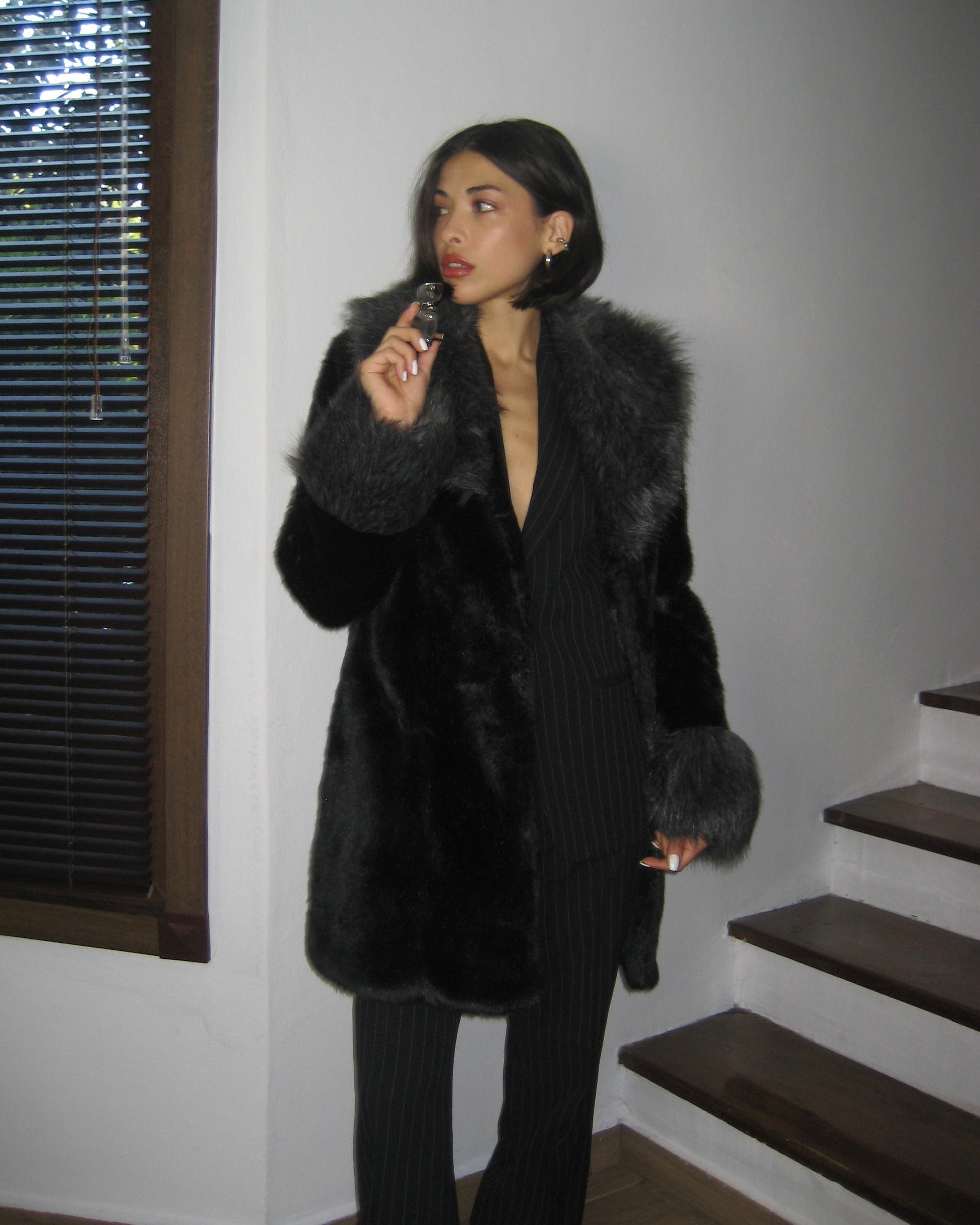 Black Plush Fur with Gray Collar