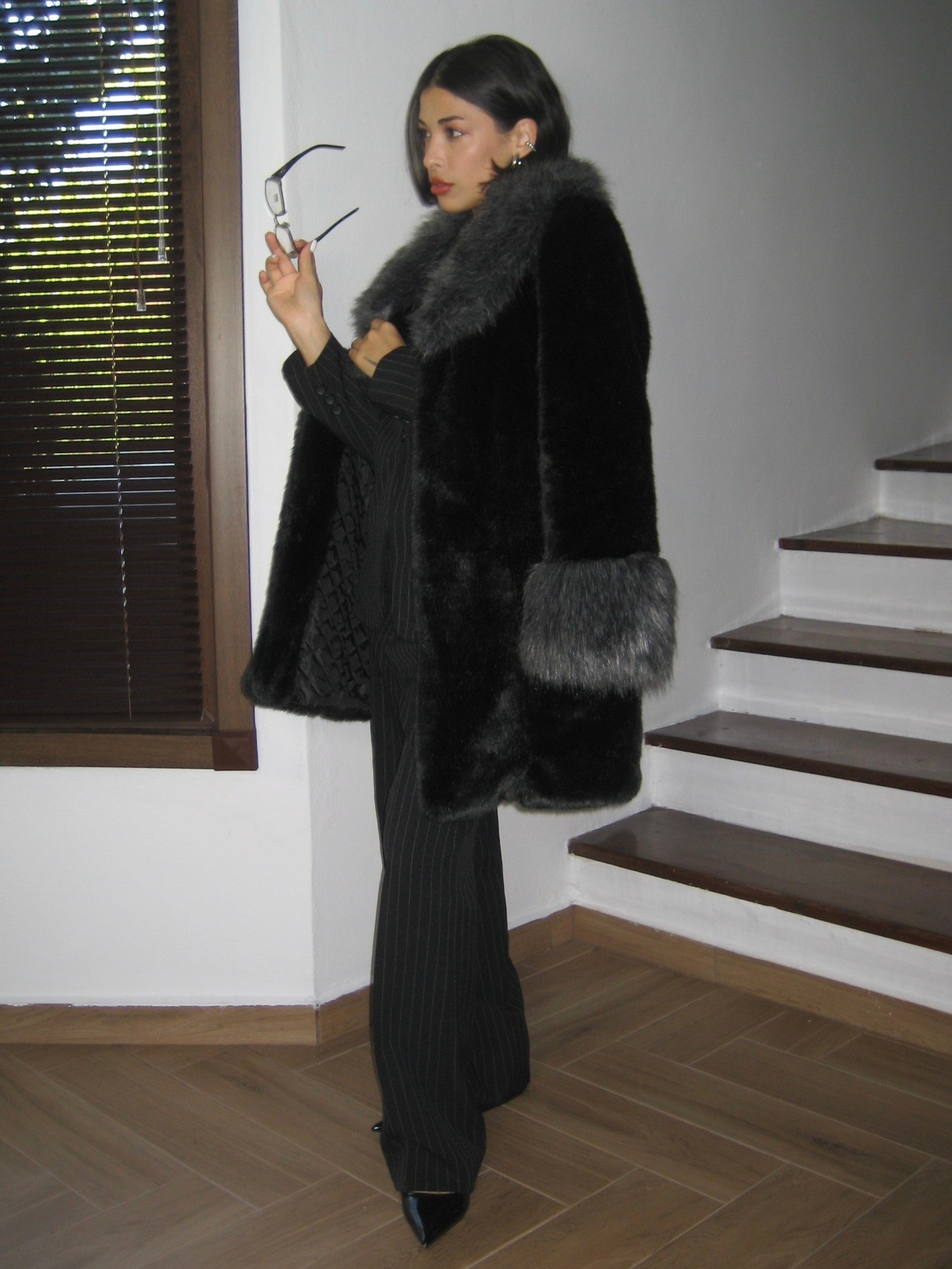 Black Plush Fur with Gray Collar