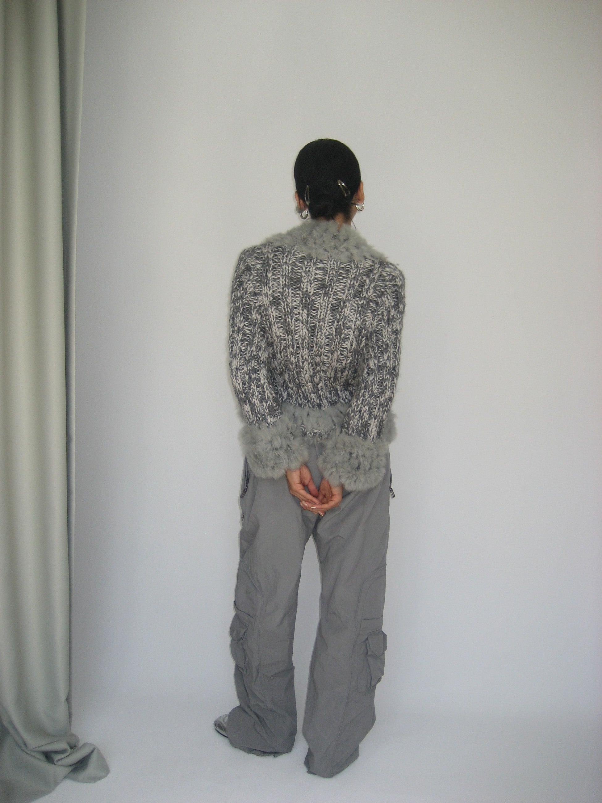 Gray Cardigan with Fur Collar Detail