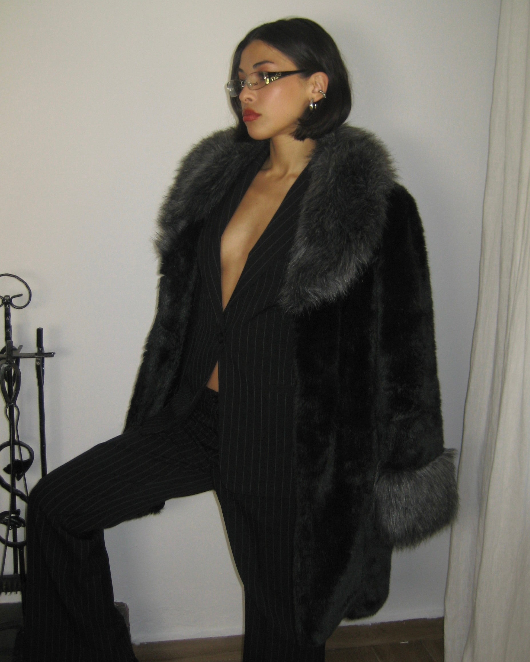 Black Plush Fur with Gray Collar