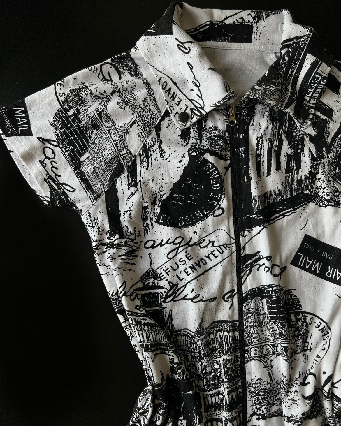 Newspaper Printed Zippered Dress