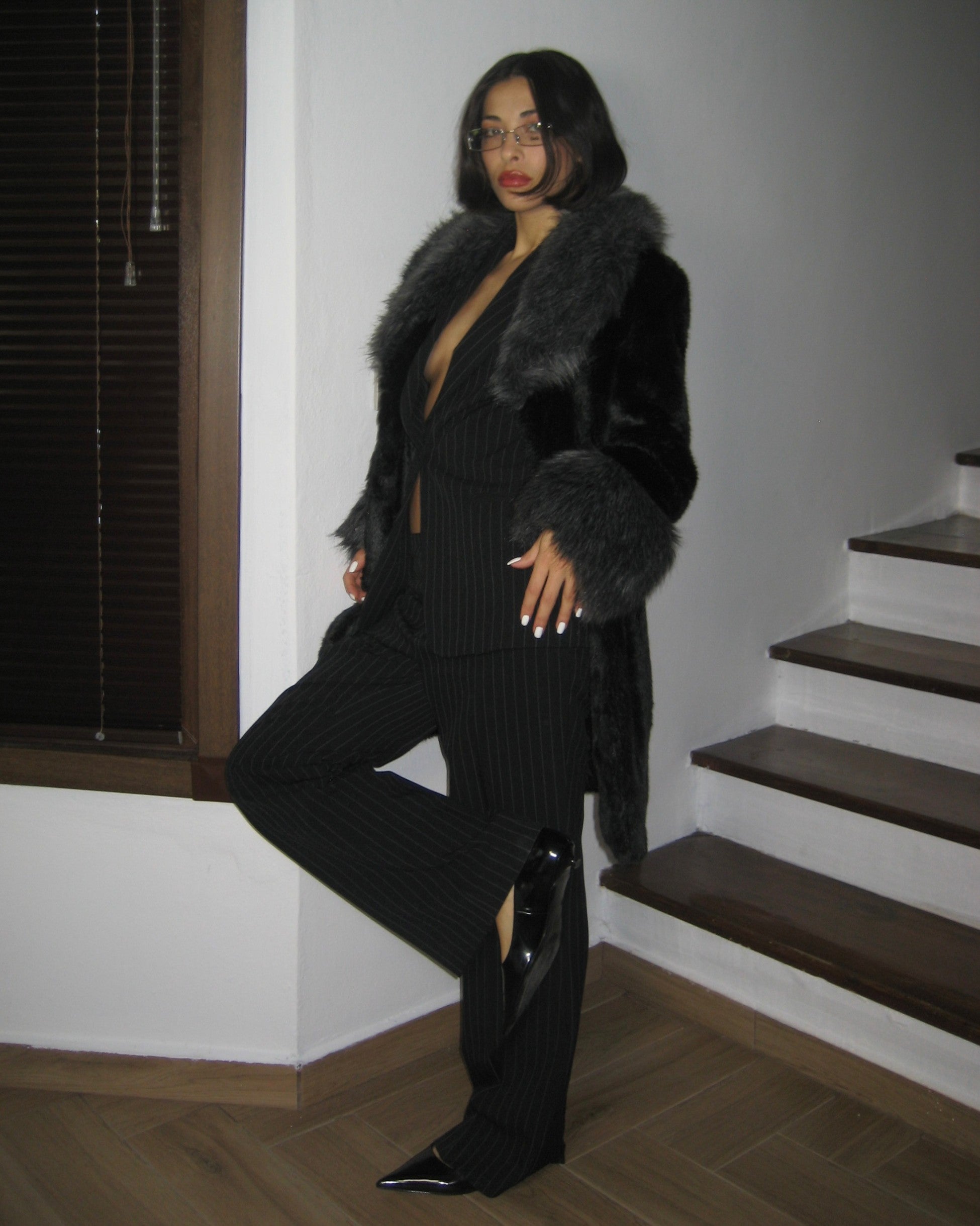 Black Plush Fur with Gray Collar