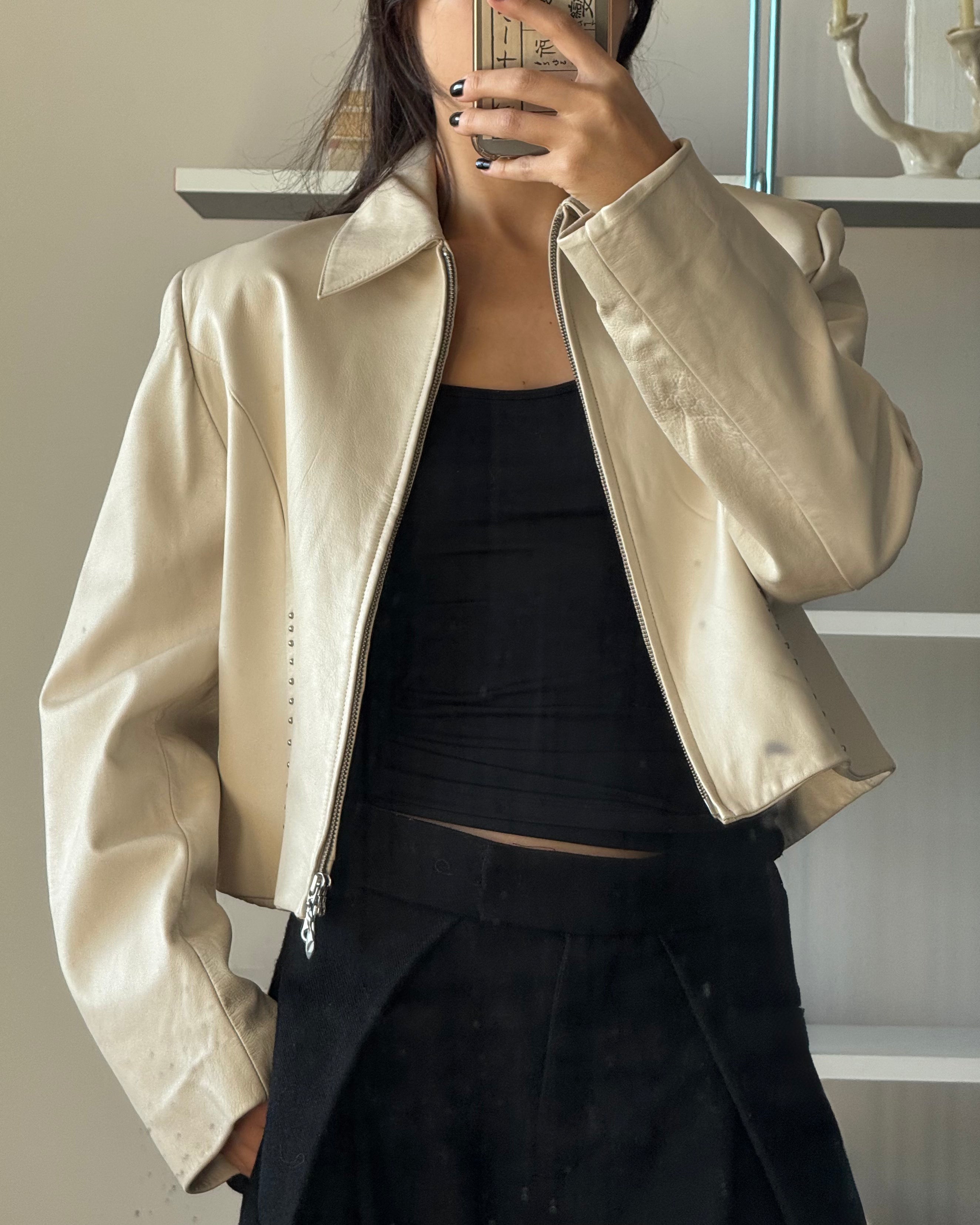 Stoned Cream Leather Jacket