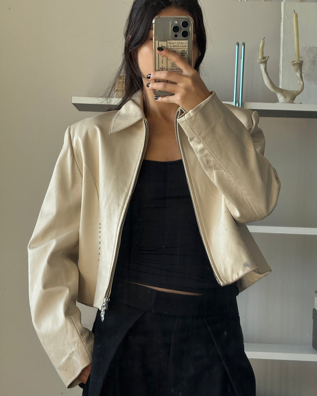 Stoned Cream Leather Jacket
