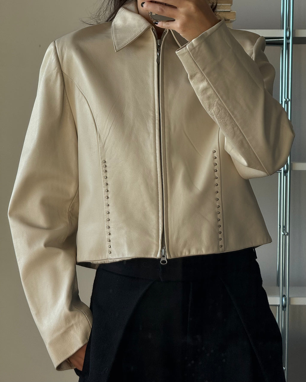 Stoned Cream Leather Jacket