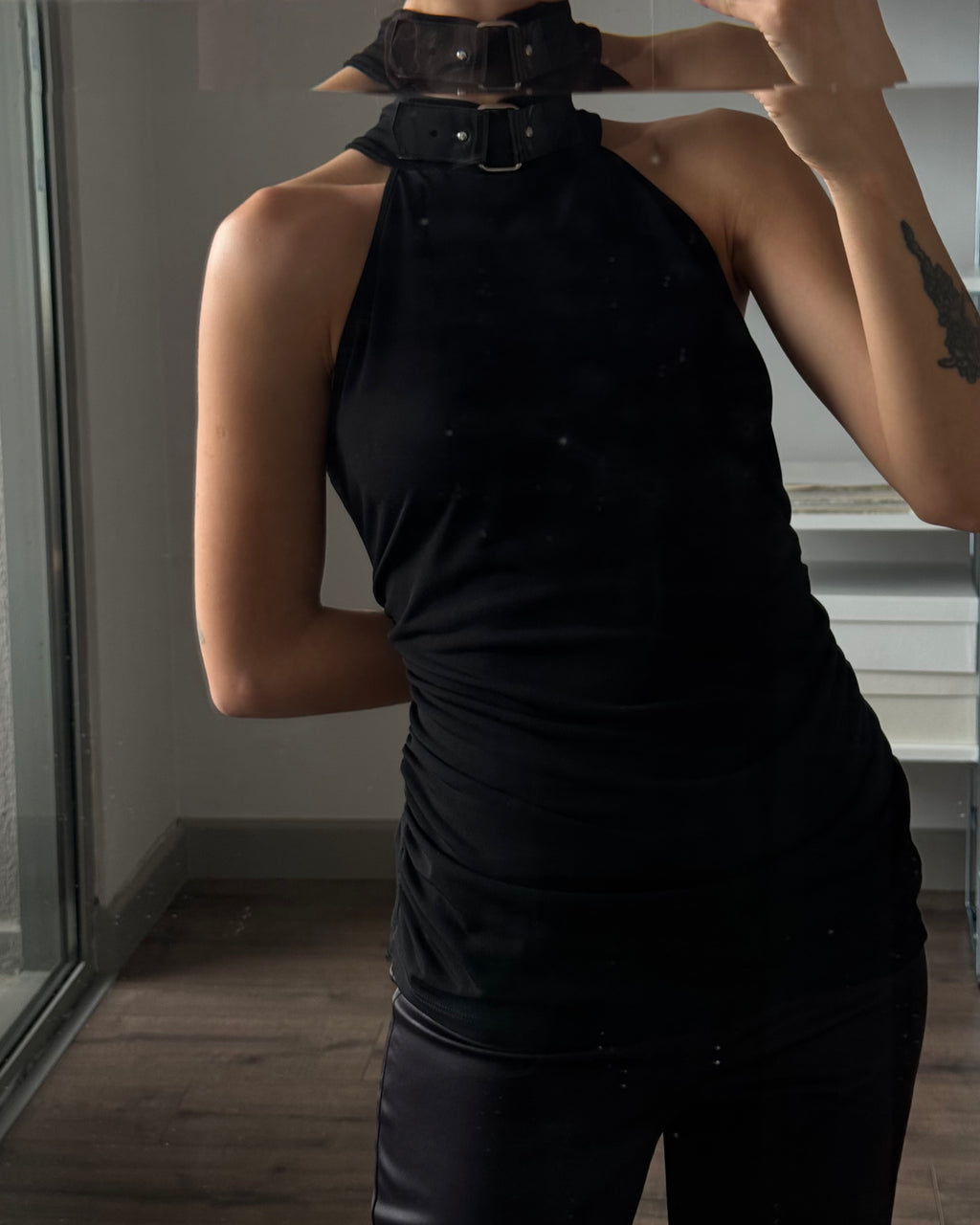 Black Blouse with Belt Detail