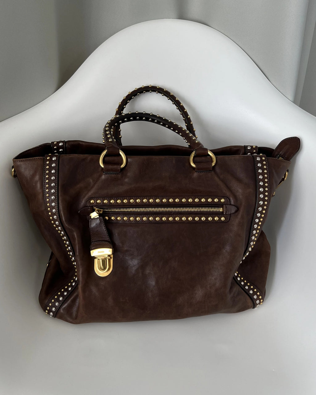 Prada Staple Detailed Brown Craquelle Bag