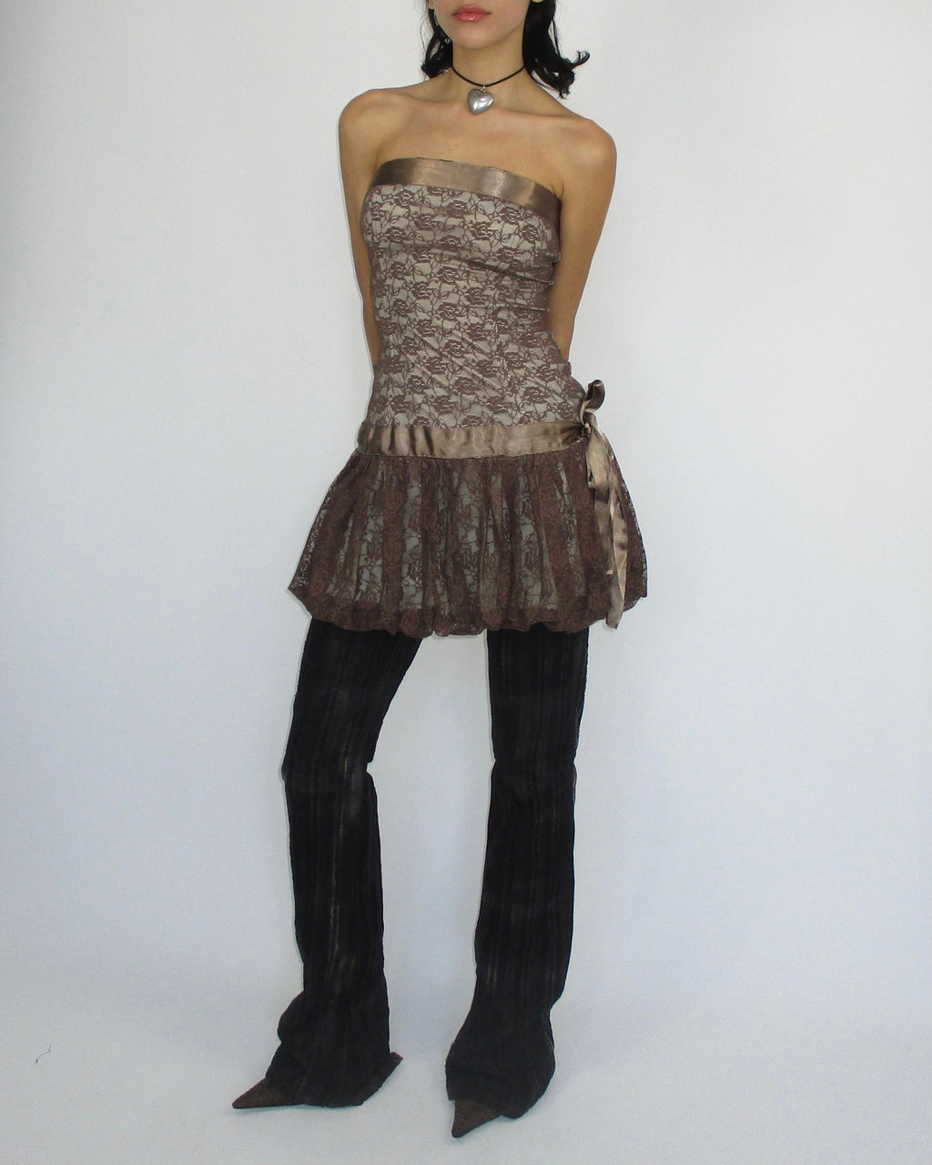 Brown Mini Dress with Lace Detail