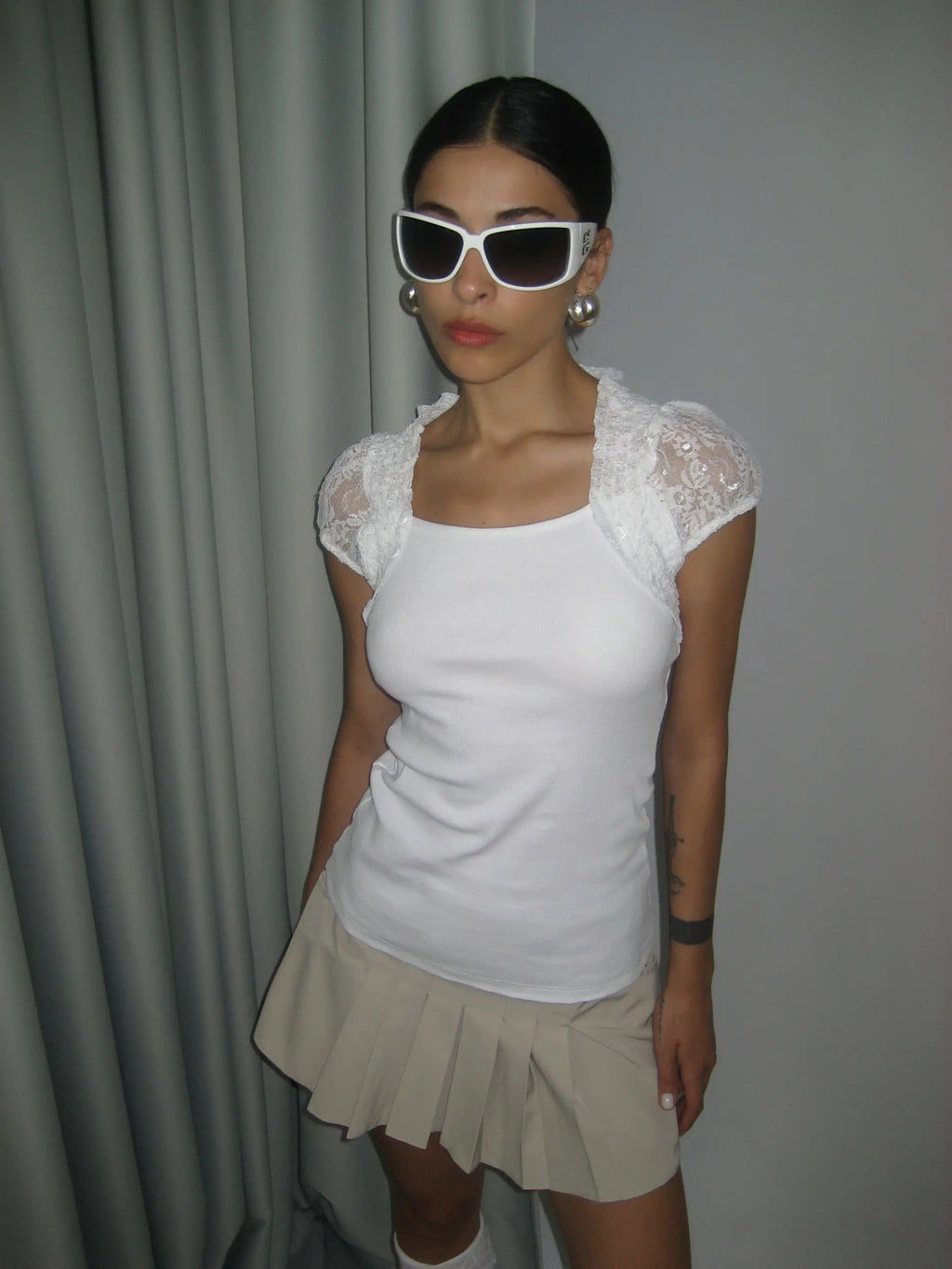White Corduroy Blouse with Lace Detail