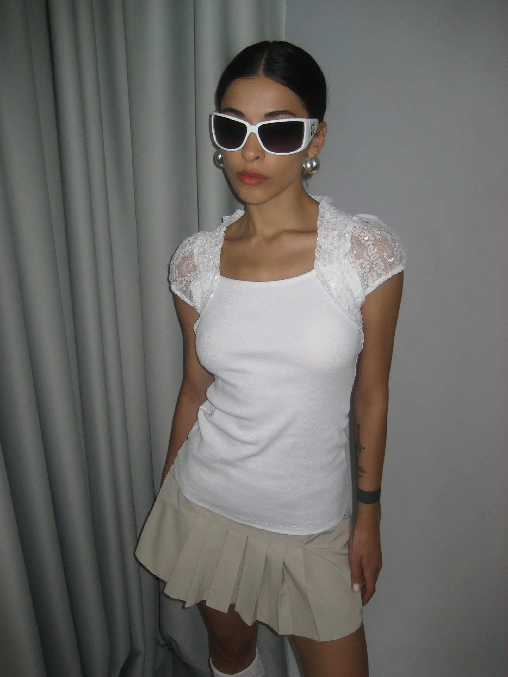 White Corduroy Blouse with Lace Detail