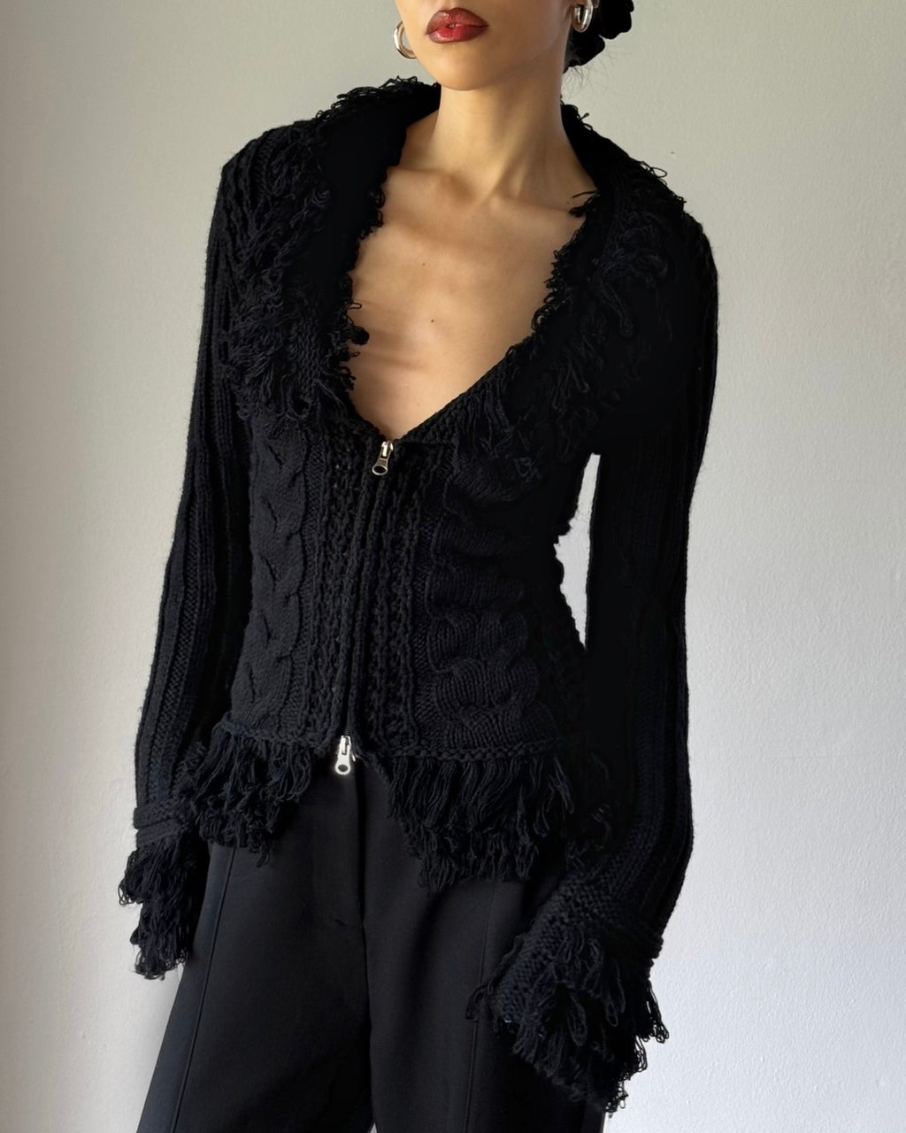 Black Cardigan with Collar and Sleeve Details