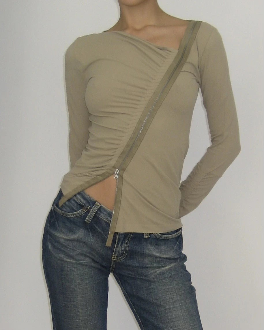 Diagonal Zippered Gathered Blouse