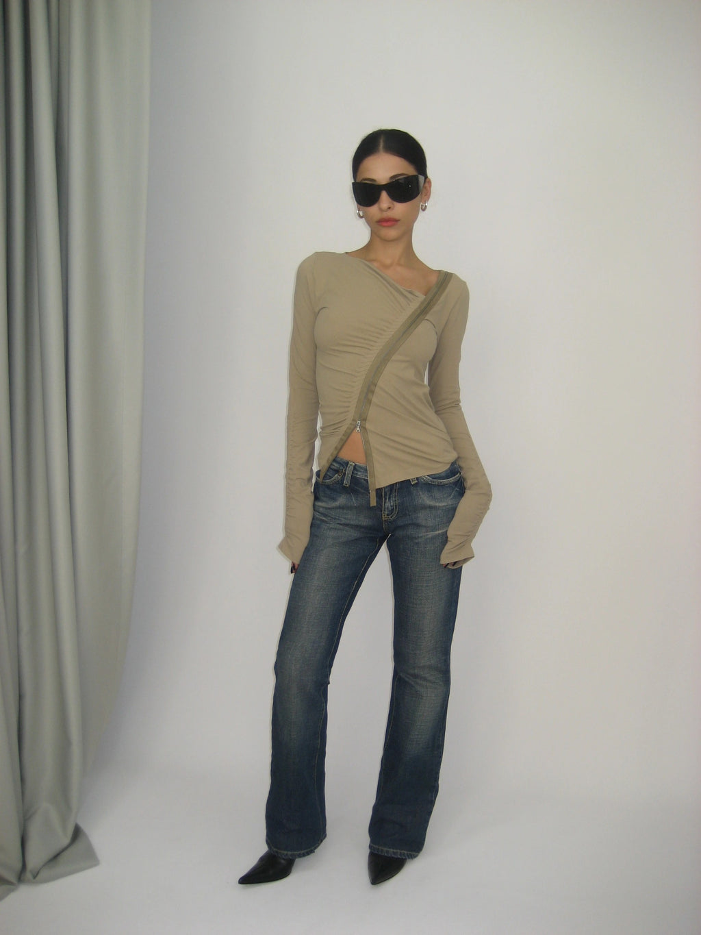 Diagonal Zippered Gathered Blouse