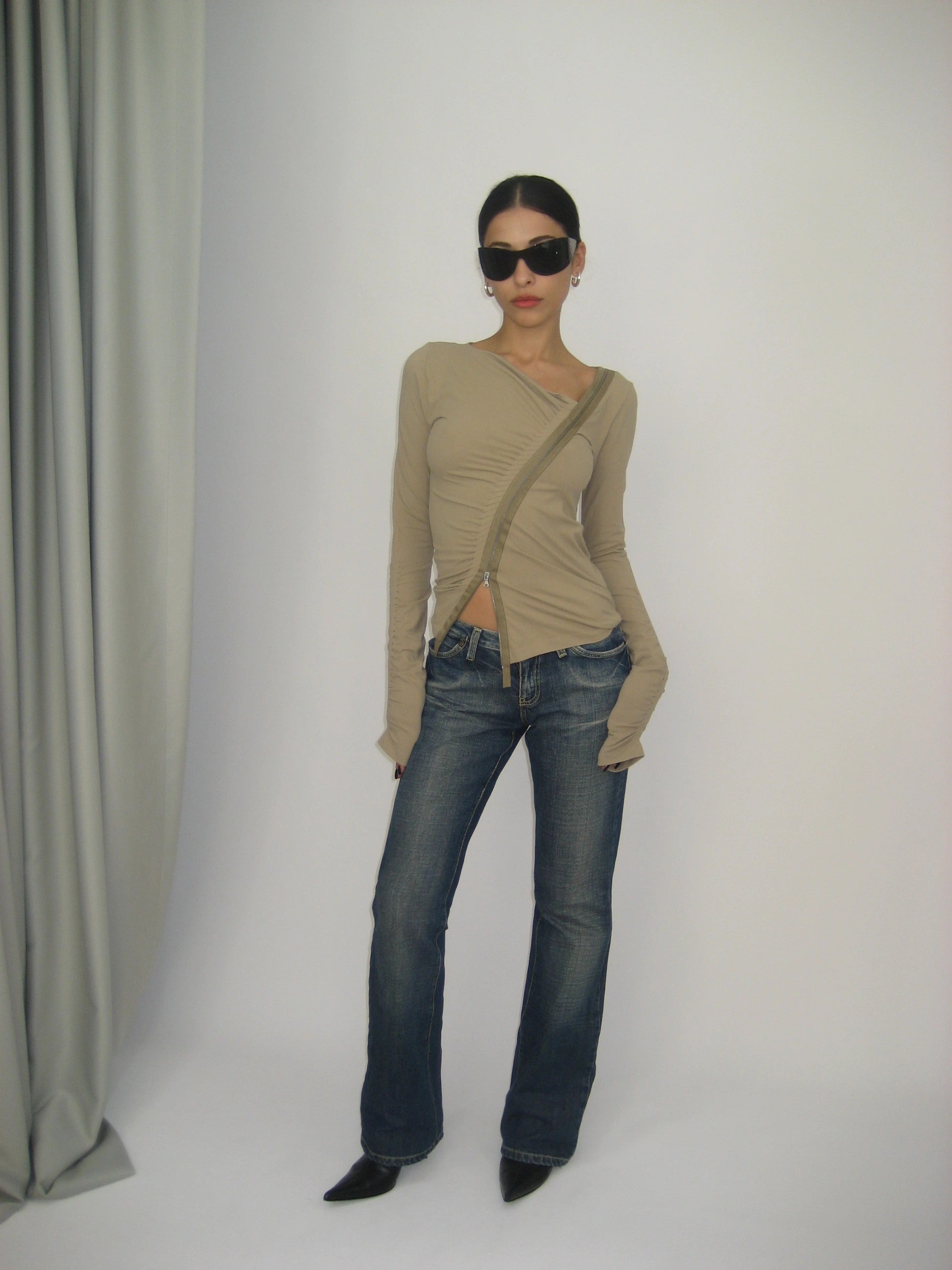 Diagonal Zippered Gathered Blouse
