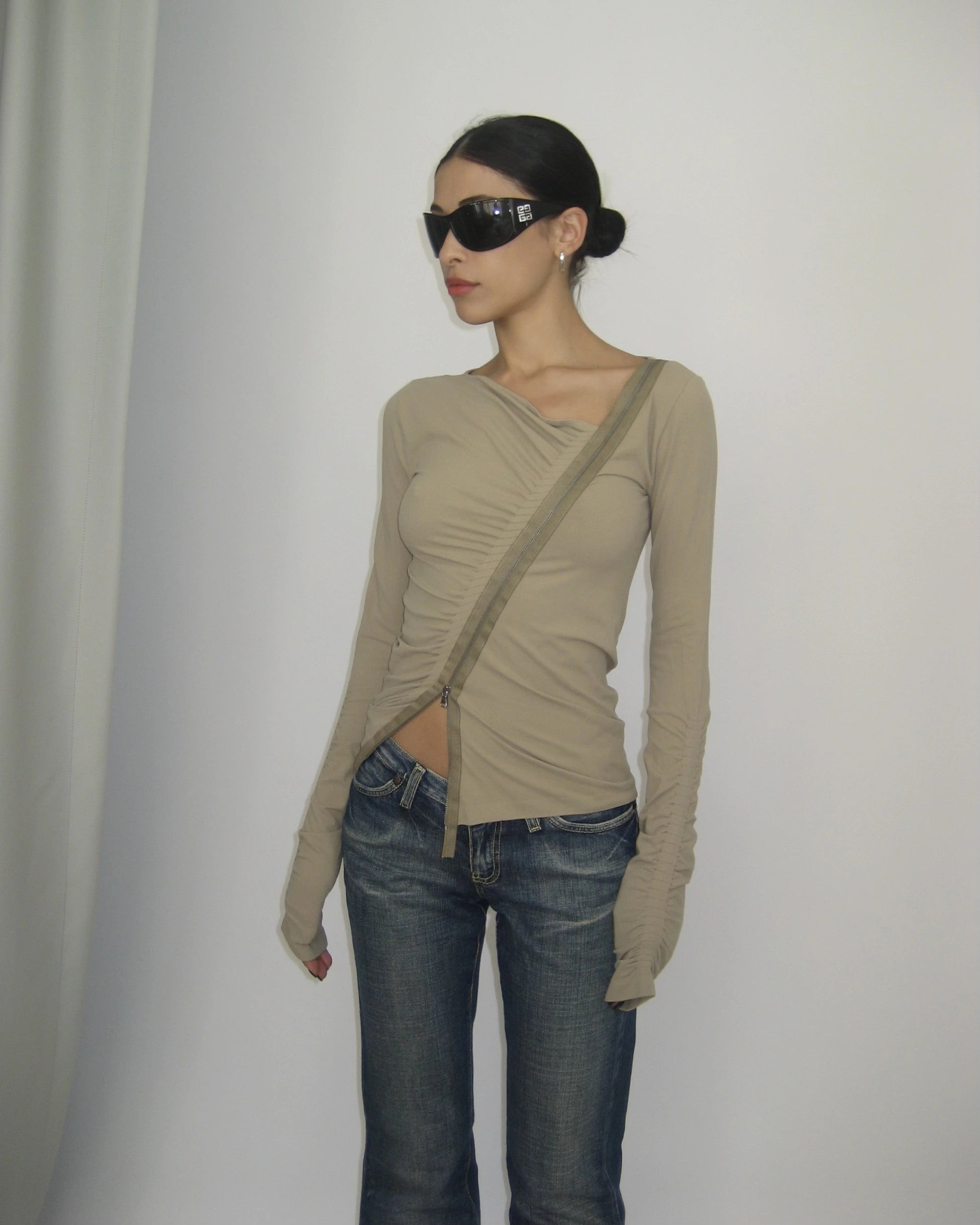 Diagonal Zippered Gathered Blouse