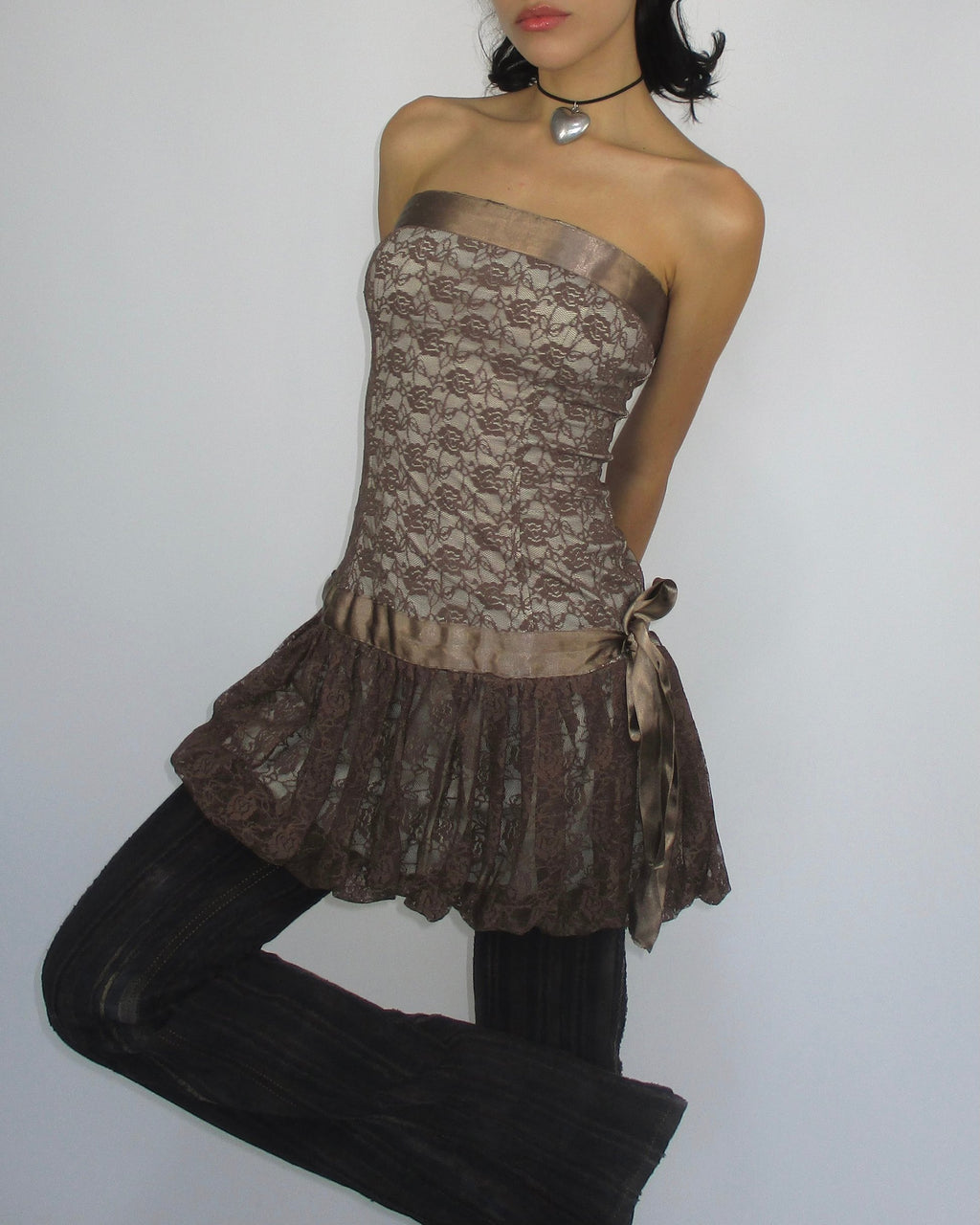 Brown Mini Dress with Lace Detail