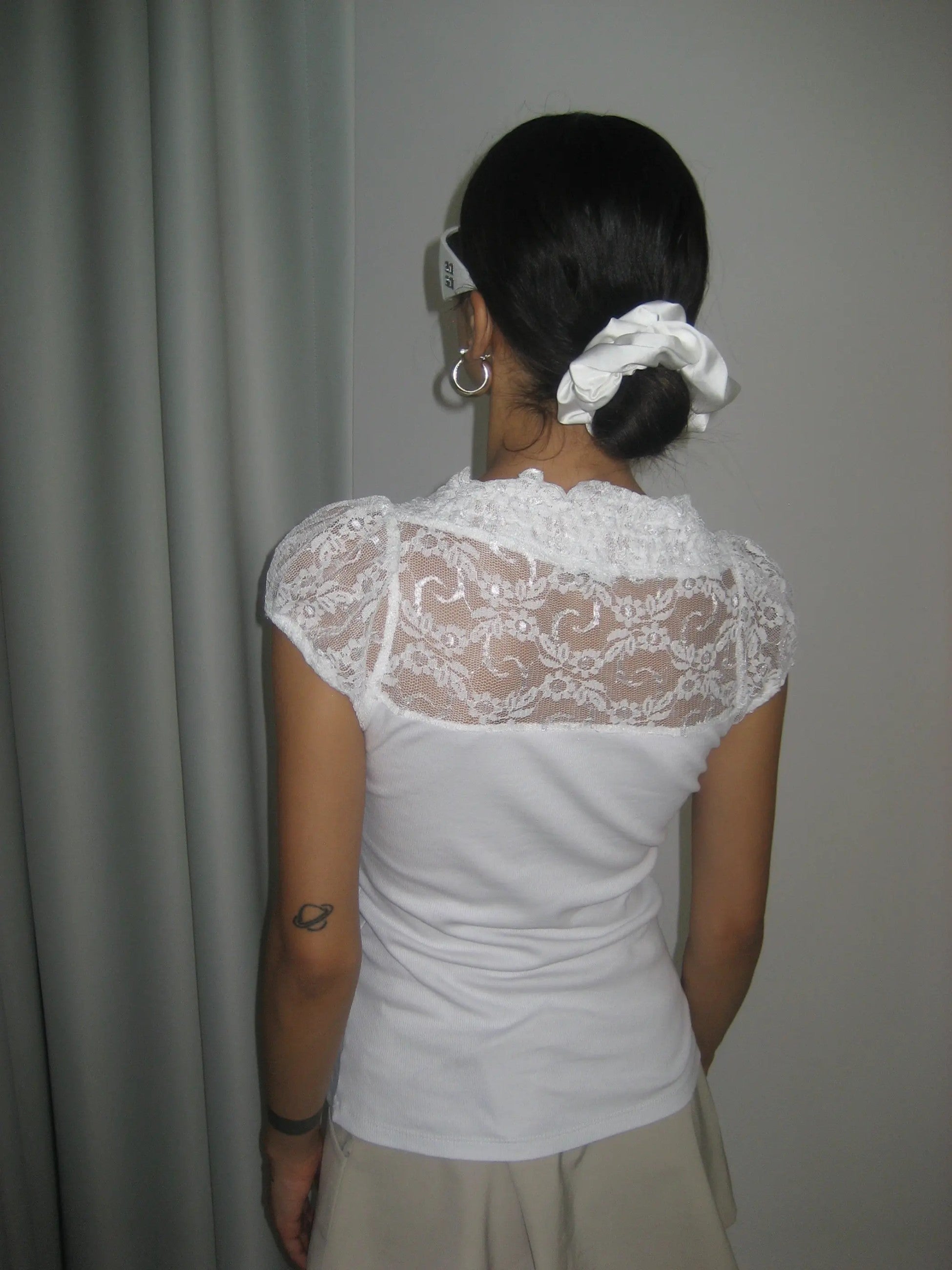 White Corduroy Blouse with Lace Detail