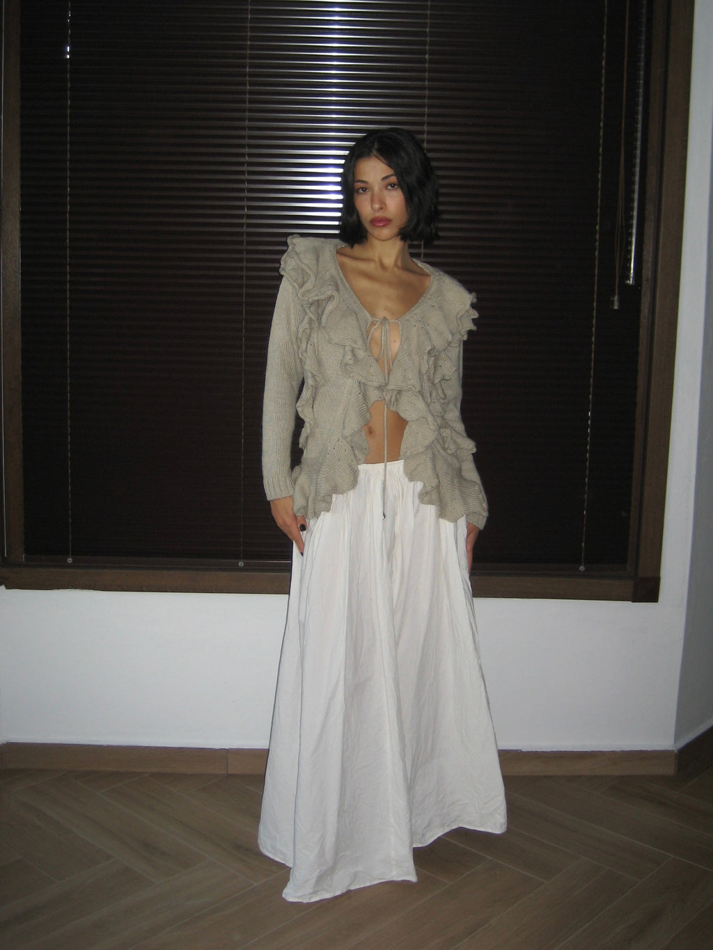 Beige Cardigan with Ruffle Detail