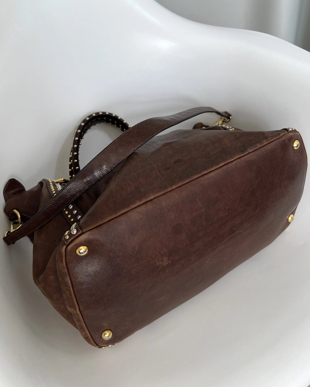 Prada Staple Detailed Brown Craquelle Bag